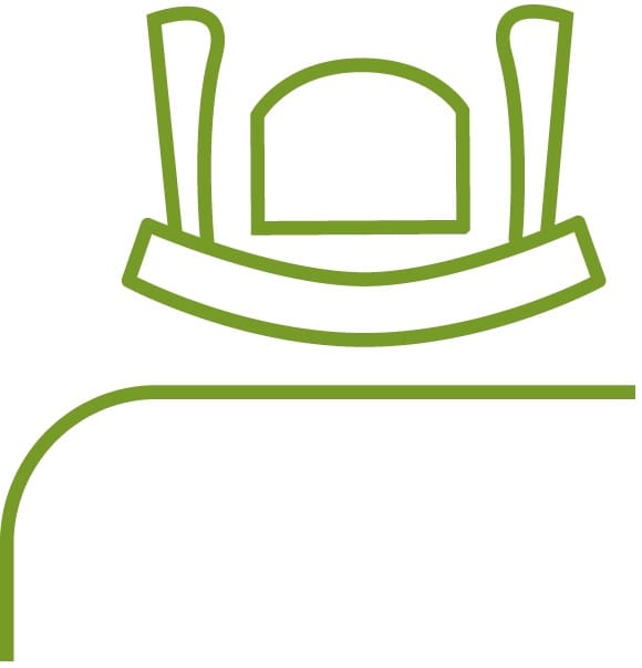Minimalist green line drawing of a judge’s bench and curved table corner, evoking a courtroom—crafted with the clean lines featured in the Handicare 4000 Curved Stair Lift by Handicare.