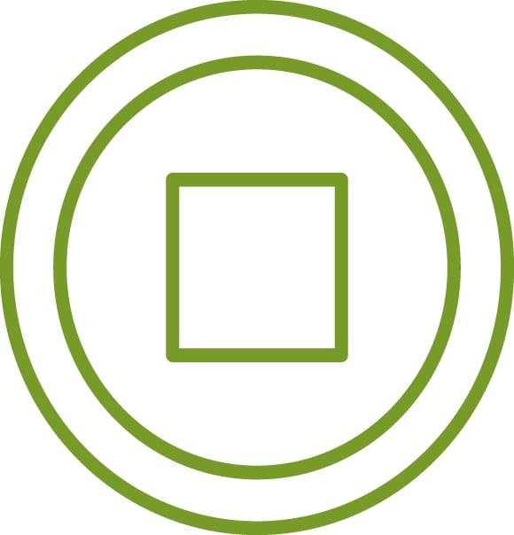 A green outlined square is centered inside two green concentric circles on a white background, reflecting the precision and reliability of the Stairfriend 23 Curved Stair Lift by Handicare.