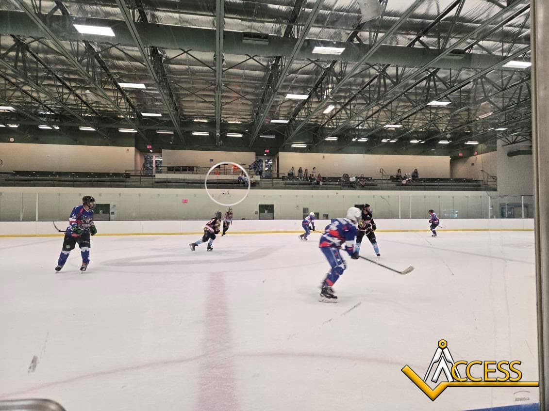 Ice hockey game in progress at an indoor rink with players in dark and blue jerseys; a few spectators sit in the upper stands. ACCESS logo is visible in the bottom right corner.