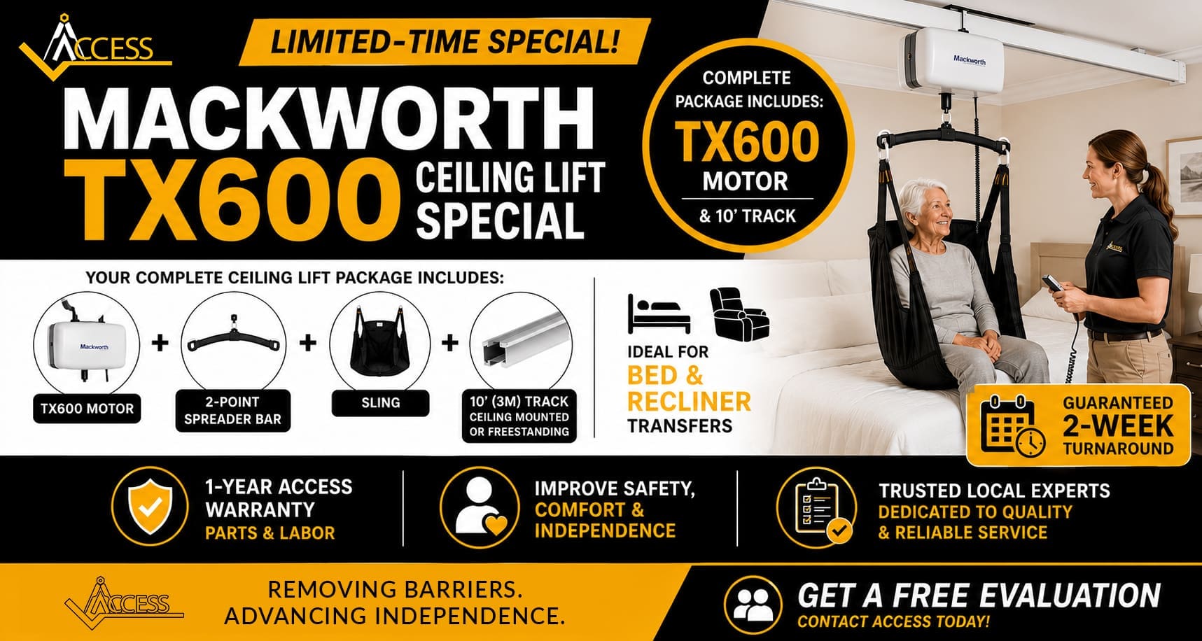 Limited-Time Mackworth TX600 Ceiling Lift Special: Safe, Comfortable Transfers Made Easy