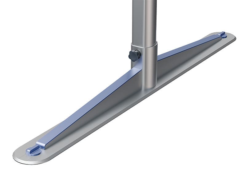 Close-up of the FSG 440 Gantry by Mackworth’s metallic base with angled support bars and a securing knob on a white background—perfect for use with overhead or portable ceiling lifts. Close-up of the FSG 440 Gantry by Mackworth’s metallic base with angled support bars and a securing knob on a white background—perfect for use with overhead or portable ceiling lifts.