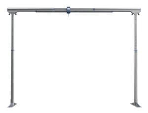 The FSG 440 Gantry by Mackworth is a freestanding metal system with two vertical legs, a horizontal beam, and an adjustable central bracket, designed as a mobile ceiling lift for supporting loads. Shown against a plain white background.