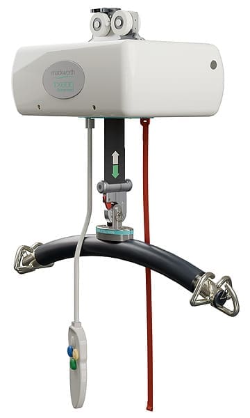 The Fixed Ceiling Lift by Mackworth is a ceiling-mounted, motorized overhead lift featuring a curved support bar, red and gray straps, and a handheld control for safe and efficient patient transfers. The Fixed Ceiling Lift by Mackworth is a ceiling-mounted, motorized overhead lift featuring a curved support bar, red and gray straps, and a handheld control for safe and efficient patient transfers.
