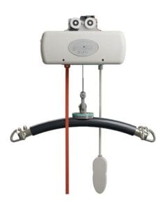 The Fixed Ceiling Lift by Mackworth features a rectangular motor unit, two hanging straps (red and gray), and a curved black bar with metal hooks for sling or harness attachment—ideal for assisted mobility.