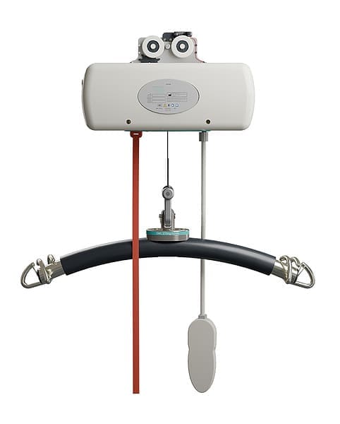 The Fixed Ceiling Lift by Mackworth features a rectangular motor unit, two hanging straps (red and gray), and a curved black bar with metal hooks for sling or harness attachment—ideal for assisted mobility. The Fixed Ceiling Lift by Mackworth features a rectangular motor unit, two hanging straps (red and gray), and a curved black bar with metal hooks for sling or harness attachment—ideal for assisted mobility.