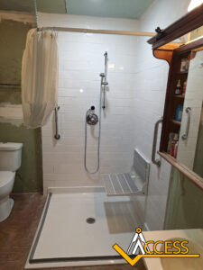 Accessible shower with a fold-down seat, grab bars, handheld showerhead, and a shower curtain. A toilet is on the left, and shelves with toiletries are on the right. The Access logo is in the bottom right corner.