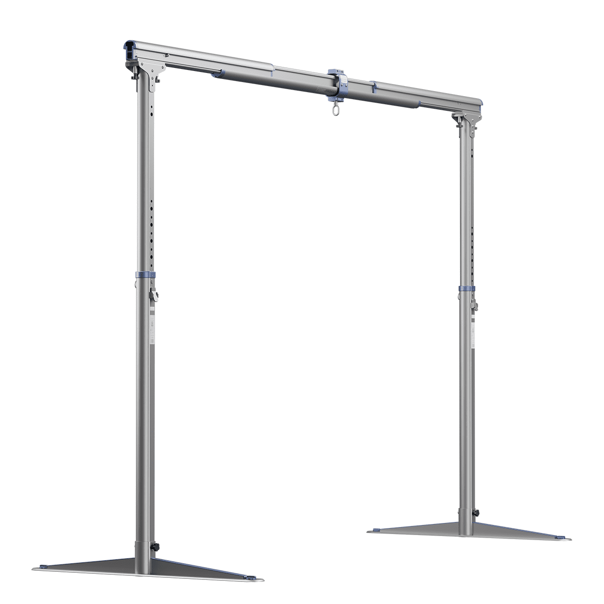 The FSG 440 Gantry by Mackworth is a portable aluminum crane with adjustable height, a horizontal beam on two stable legs, and a central lifting hook—similar to a Portable Ceiling Lift System. The FSG 440 Gantry by Mackworth is a portable aluminum crane with adjustable height, a horizontal beam on two stable legs, and a central lifting hook—similar to a Portable Ceiling Lift System.