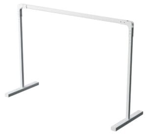 A white, metal, rectangular frame with two vertical legs and flat feet, the SteadyTrack Patient Lift System by Mackworth offers a minimalistic, tabletop-free base ideal as the foundation for an Assisted Mobility Lift or Home Care Lift System.