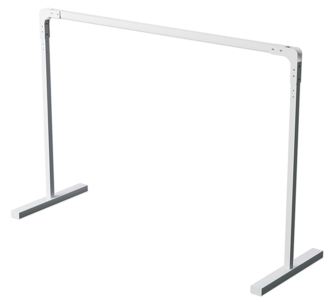 A white, metal, rectangular frame with two vertical legs and flat feet, the SteadyTrack Patient Lift System by Mackworth offers a minimalistic, tabletop-free base ideal as the foundation for an Assisted Mobility Lift or Home Care Lift System. A white, metal, rectangular frame with two vertical legs and flat feet, the SteadyTrack Patient Lift System by Mackworth offers a minimalistic, tabletop-free base ideal as the foundation for an Assisted Mobility Lift or Home Care Lift System.