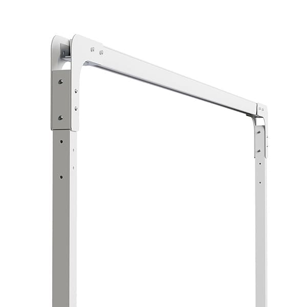 A close-up of the SteadyTrack Patient Lift System by Mackworth shows its white metal rectangular frame with bolted joints, likely part of an overhead lift, set against a plain white background. A close-up of the SteadyTrack Patient Lift System by Mackworth shows its white metal rectangular frame with bolted joints, likely part of an overhead lift, set against a plain white background.