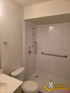 Accessible bathroom with a walk-in shower, grab bars, a handheld shower head, a white toilet, and a white sink. ACCESS logo displayed in the bottom right corner.