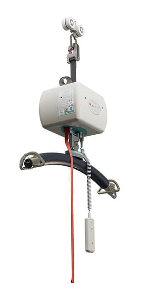 The Portable Ceiling Lift System by Mackworth features a motor unit, curved black support bar, metal sling hooks, orange safety strap, and wired remote control—an ideal home care lift system for enhanced safety and comfort. The Portable Ceiling Lift System by Mackworth features a motor unit, curved black support bar, metal sling hooks, orange safety strap, and wired remote control—an ideal home care lift system for enhanced safety and comfort.
