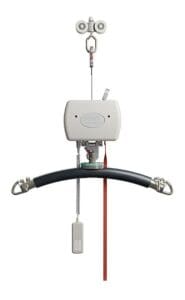 The Portable Ceiling Lift System by Mackworth features a curved padded bar, dual metal hooks, control unit, suspension cables, and handheld remote for convenient patient operation.