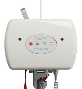 Front view of a white Portable Ceiling Lift System by Mackworth, showing control buttons, indicator lights, and a red safety strap at the bottom.
