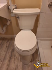 A standard white toilet is positioned between a sink and a shower with beige walls and wood-patterned flooring. The ACCESS logo is visible in the bottom right corner.
