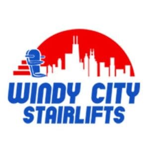 Logo for Windy City Stair Lifts featuring a blue stairlift on steps, with a red Chicago skyline in the background. The company name appears in bold blue letters below, highlighting their expertise in stair lifts and Access Elevator solutions.